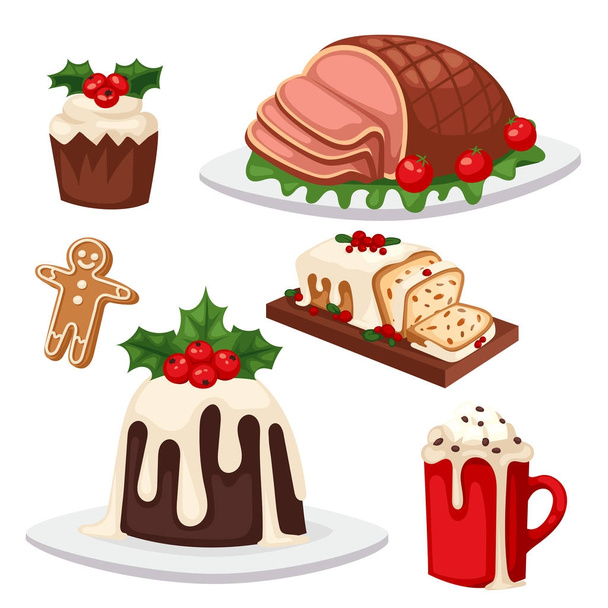 Karácsonyi ételek, és desszertek üdülési dekoráció karácsony édes ünnep vektor hagyományos ünnepi téli sütemény házi készítésű étel. - Vektor, kép