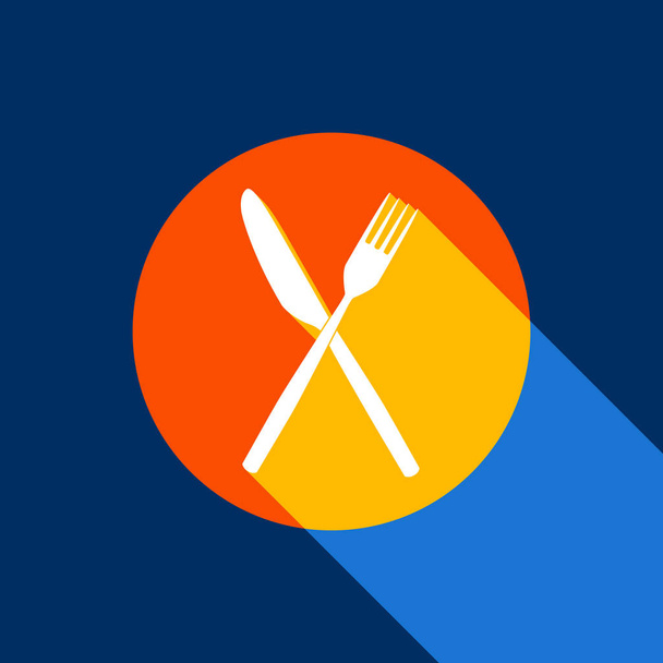 Fork and Knife sign. Vector. White icon on tangelo circle with infinite shadow of light at cool black background. Selective yellow and bright navy blue are produced. - Vector, Image
