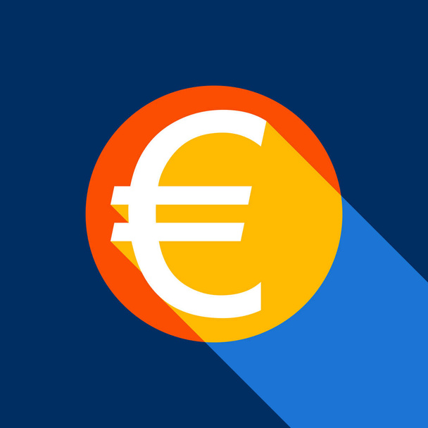 Euro sign. Vector. White icon on tangelo circle with infinite shadow of light at cool black background. Selective yellow and bright navy blue are produced. - Vector, Image