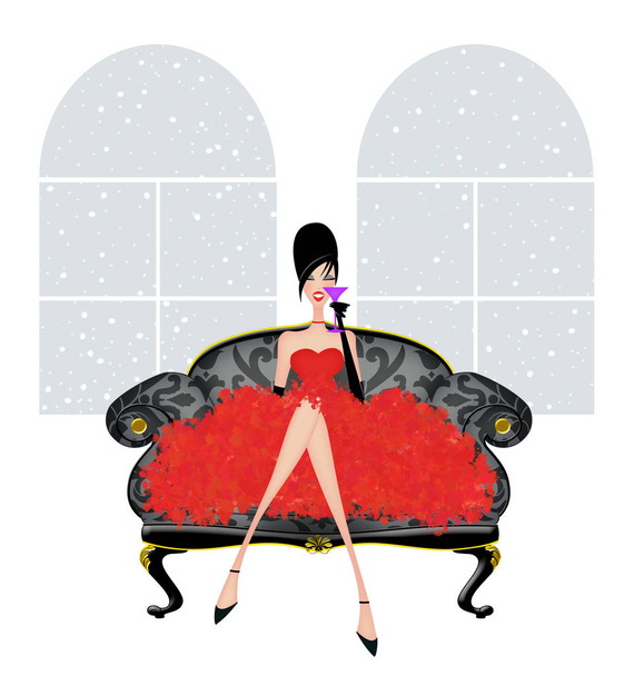 Pretty joven mujer en un damasco Loveseat en un vestido de fiesta rojo
 - Foto, Imagen