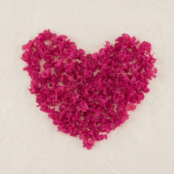 Sydämen muoto vaaleanpunainen raapia myrtti terälehtiä seppele kopioi tilaa
 - Valokuva, kuva