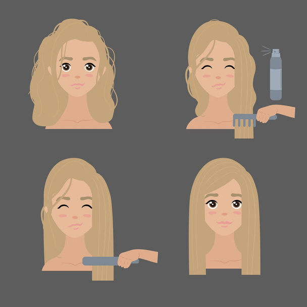 Curly to straight hair. Steps - Vector, Image