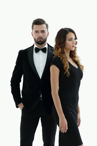 Handsome man and woman in black dress - Zdjęcie, obraz
