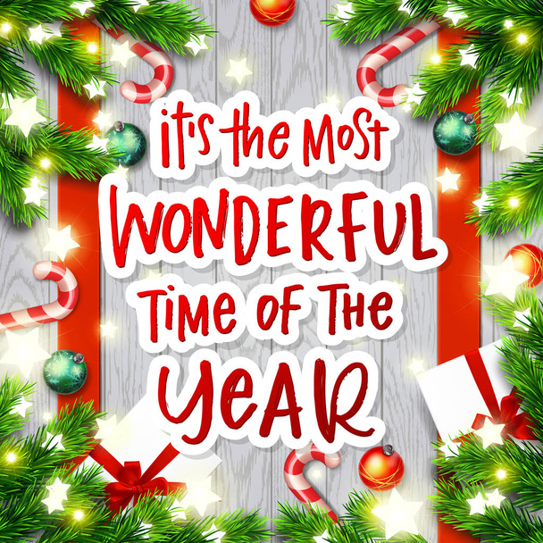 Christmas greeting card. Xmas vector background. Hand drawn calligraphy. concept handwritten  " it's the most wonderful time of the year " - Vektori, kuva