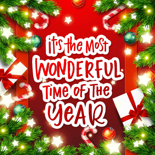 Christmas greeting card. Xmas vector background. Hand drawn calligraphy. concept handwritten  " it's the most wonderful time of the year " - Διάνυσμα, εικόνα