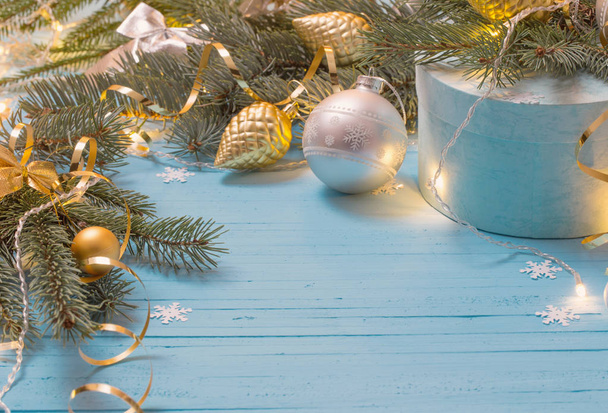 Christmas background with fir branchs and balls - Фото, изображение