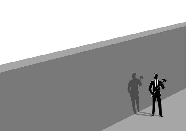 Επιχειρηματίας που στέκεται κοντά σε τοίχο με ένα σφυρί - Διάνυσμα, εικόνα