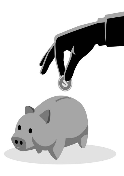 Hand inserting a gold coin into a piggy bank - Vector, Image