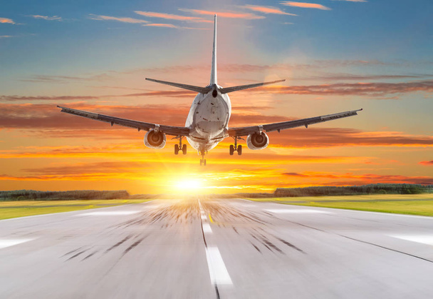 Passenger airplane landing at sunset on a runway. - Photo, Image