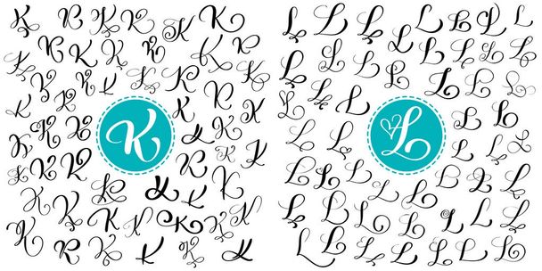 Set letters K, L. Hand drawn vector flourish calligraphy. Script font. Isolated letters written with ink. Handwritten brush style. Hand lettering for logos packaging design poster - Vector, Image