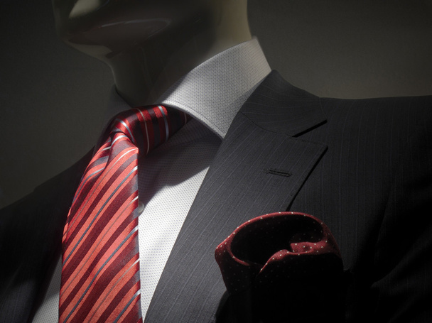 Смугастий сірий піджак з червоною смугастою краваткою та носовичкою (гориз
 - Фото, зображення