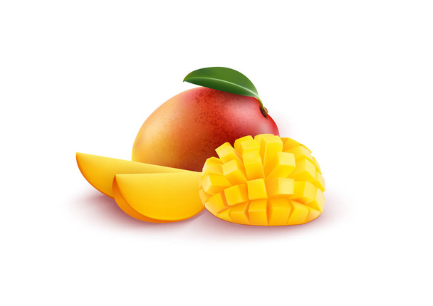 Dojrzałe mango świeże plastry i liści - Wektor, obraz