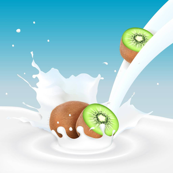 Kiwifrüchte und Milchspritzer - Vektor, Bild