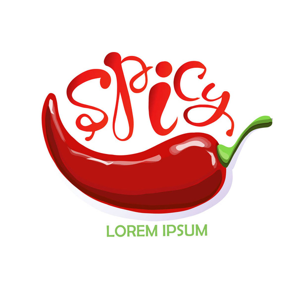 Typografie banner Spicy, Lorem ipsum, red hot chili peppers hand getrokken schilderij voorraad vectorillustratie, voor label, voor menu - Vector, afbeelding