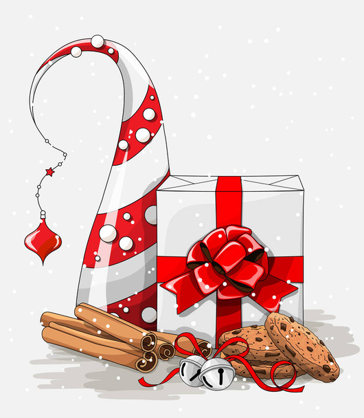 Karácsonyi csendélet, fehér ajándék doboz-val nagy piros szalag, cookie-kat, a fahéj és a jingle bells és absztrakt rájárt fa, illusztráció - Vektor, kép