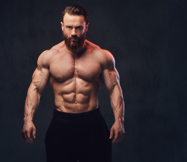 Portrait of bearded shirtless bodybuilder over grey background. - Foto, imagen
