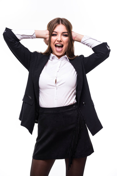 Close up of angry yelling entrepreneur woman against a white background - Photo, Image