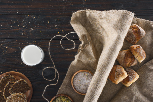 bread on sackcloth and milk - Photo, Image