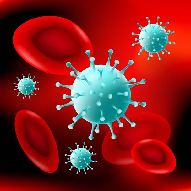 Virus en el flujo sanguíneo. glóbulos rojos y virión en el fondo rojo
 - Vector, imagen