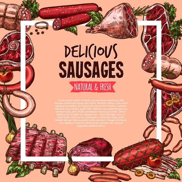 Κρέας, μοσχάρι και χοιρινό λουκάνικο αφίσα, σχεδιασμό τροφίμων - Διάνυσμα, εικόνα