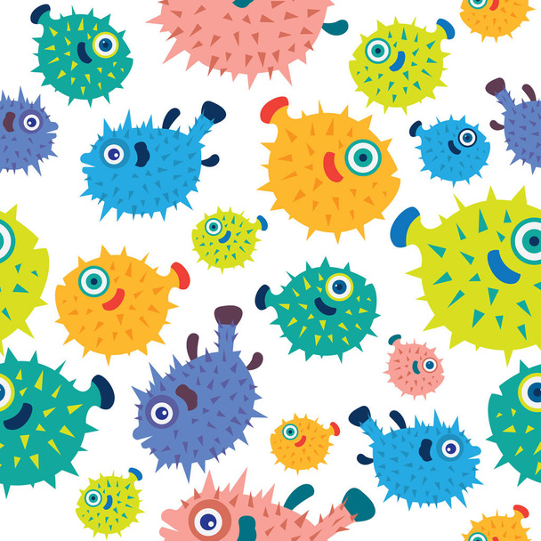 Seamless pattern with cartoon balloonfish.  - Vetor, Imagem