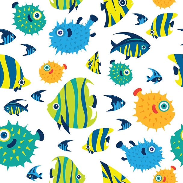 Seamless pattern with cartoon reef fish. - Vector, Image