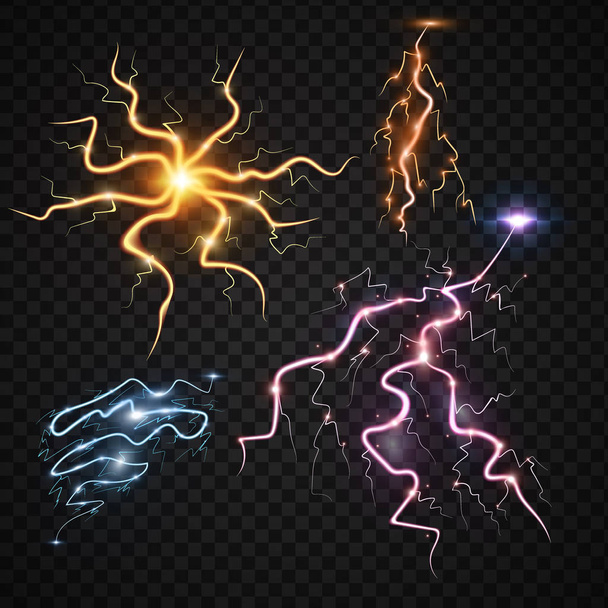 Lightning bolt storm strike realistic 3d light thunder-storm magic and bright lighting effects vector illustration. - Vector, Image