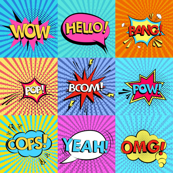 Set of comic speech bubbles with text Wow, Omg, boom, Hello, Yeah, bang, oops, pop, pow on background. Pop art style vector. - Vector, Image