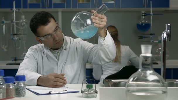 Científico masculino examinando frasco con líquido en laboratorio
 - Imágenes, Vídeo