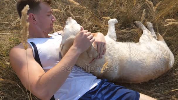 Young man lying on meadow and caressing his labrador. Male owner playing with golden retriever at nature. Love and friendship with domestic animal. Close up Slow motion - Footage, Video