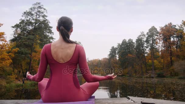 Женщина медитирует практикуя йогу в лесу Падмасана асана. 4k slow motion
 - Кадры, видео