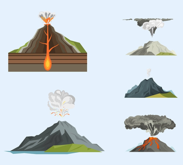 Volcano magma nature blowing up with smoke volcanic eruption lava mountain vector illustration - Vektör, Görsel