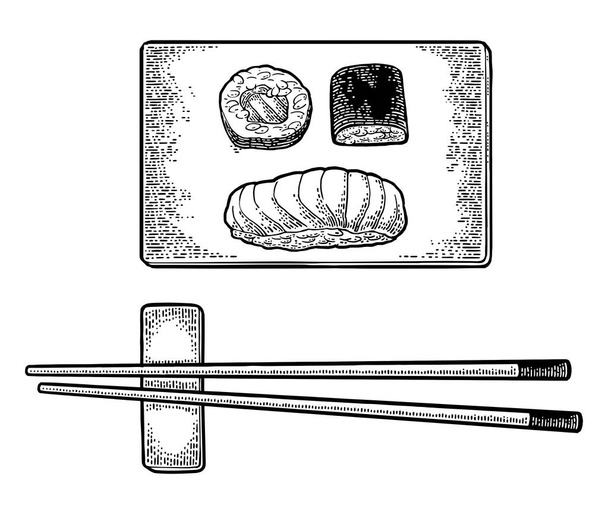 Chopsticks Nigiri Sushi with fish, rolls on wood board. - Vector, imagen