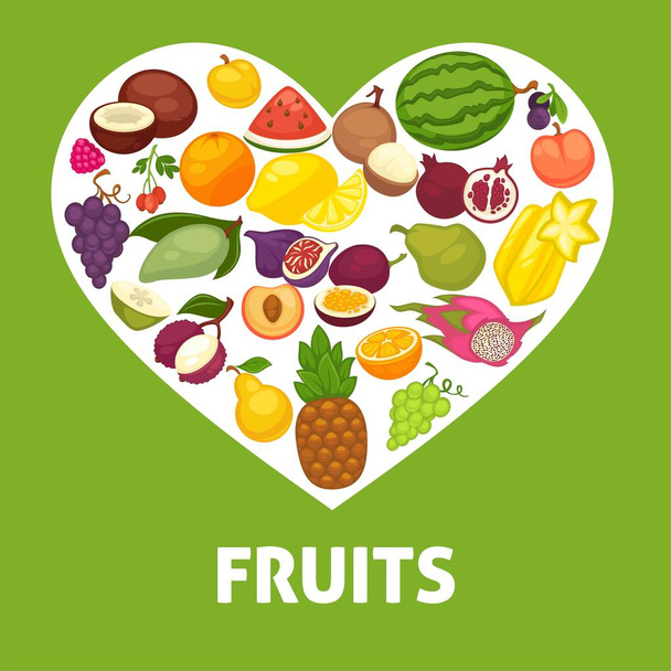 Organic fruits and berries harvest poster of fresh apple and mango or pineapple, natural pear, grape and tropical banana. Vector cherry, strawberry or figs and pomegranate, melon and exotic avocado - Vektor, kép