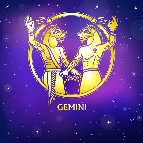 Zodiac sign Gemini. Character of Sumerian mythology. Gold imitation. Vector illustration. Background - the night star sky. - Vector, Image