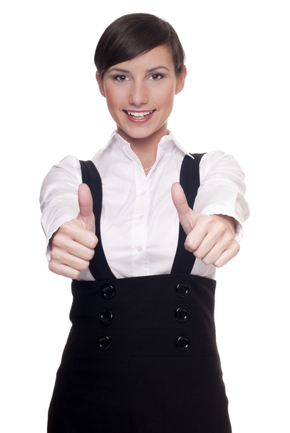 Giovane donna d'affari mostrando pollici in su gesto
 - Foto, immagini
