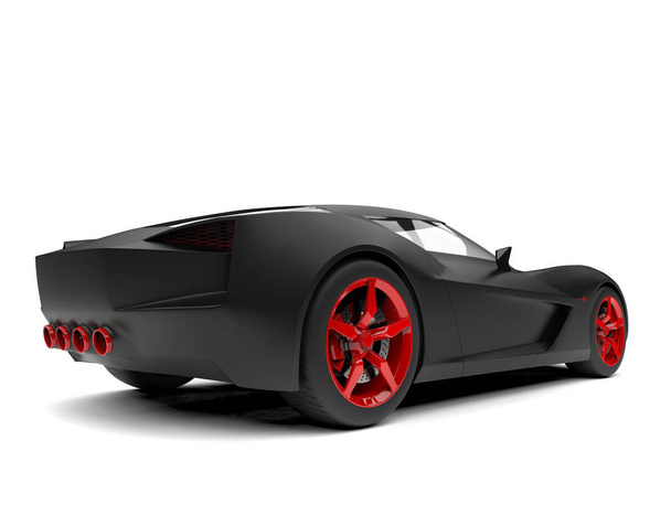 Czarny matowy super sportowy samochód koncepcyjny z czerwone felgi i szczegóły - widok z tyłu - Zdjęcie, obraz