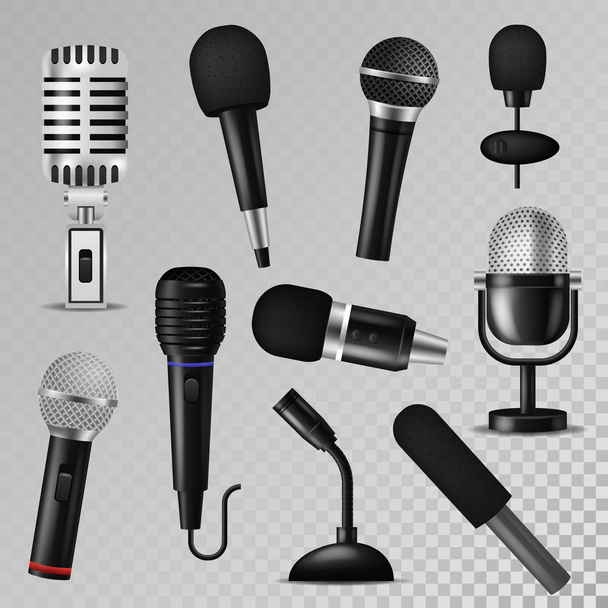 Mikrofon vektor hang zene hang hang mikrofon felvevő karaoke studio rádió rekord fonetikus vintage régi és modern interjú Mikroba berendezés készlet 3d elszigetelt illusztráció - Vektor, kép