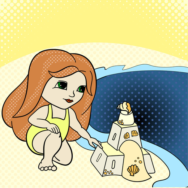 Pop art baby dziewczyny na plaży, budowanie zamków z piasku w letni dzień - Wektor, obraz