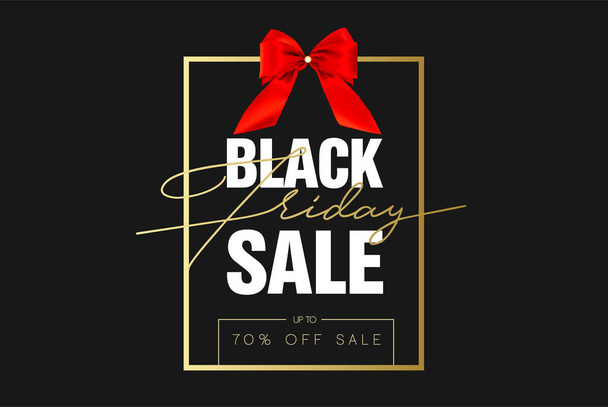 Black Friday Sale Gold Banner Luxury Black Background and Red Ribbon Bow with Grainy Sparkle Confetti. Advertising Golden Poster Template for black friday. Vector illustration - Vector, afbeelding