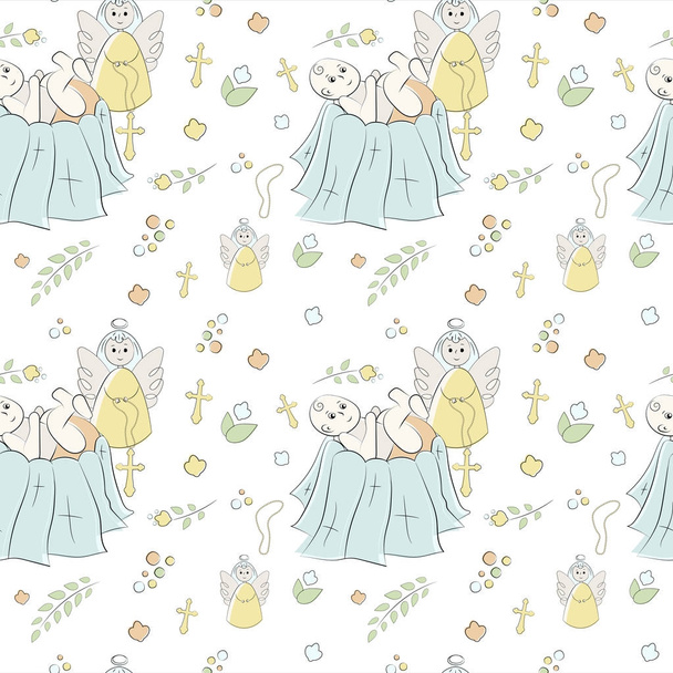 Vectron seamless pattern of elements drawn manually in the style of doodle. Christening, infant, religion, church. Used for wallpapers, backgrounds, wrapping paper - Vector, Image