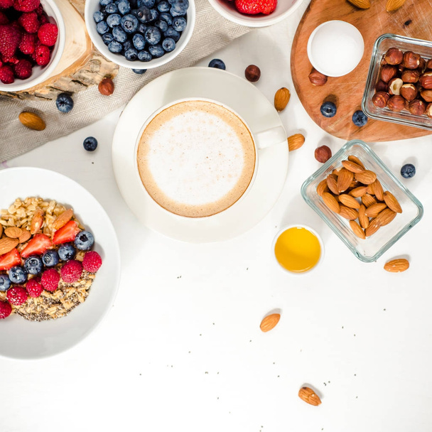 Good morning, healthy breakfast with text space top view - Foto, Imagem