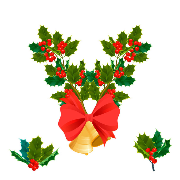 Christmas decorative leaves holly and branches with red berries evergreen winter flower floral plant vector illustration - Διάνυσμα, εικόνα