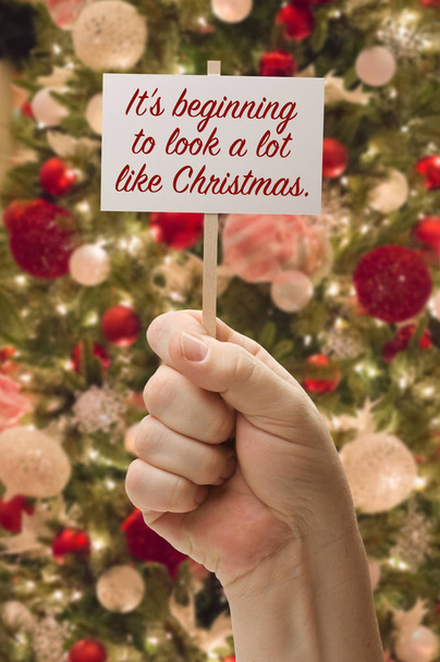 Hand met dat it 's Beginning To Look A Lot Like Christmas Card voor versierde kerstboom. - Foto, afbeelding