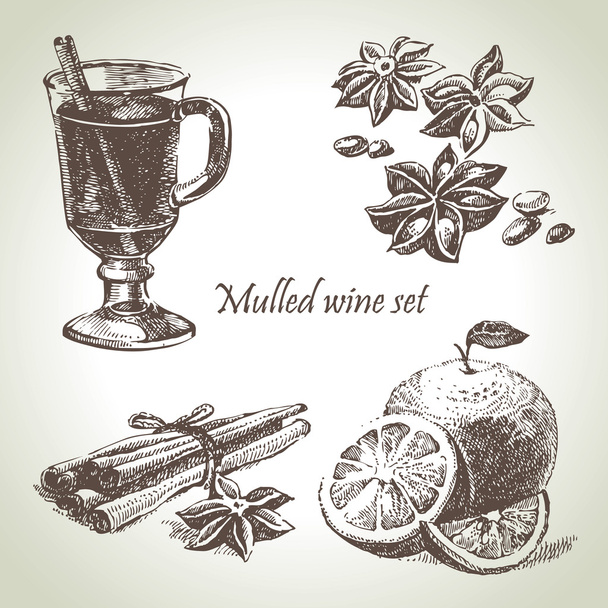 Набор глинтвейна, фруктов и специй, иллюстрации ручной работы
 - Вектор,изображение