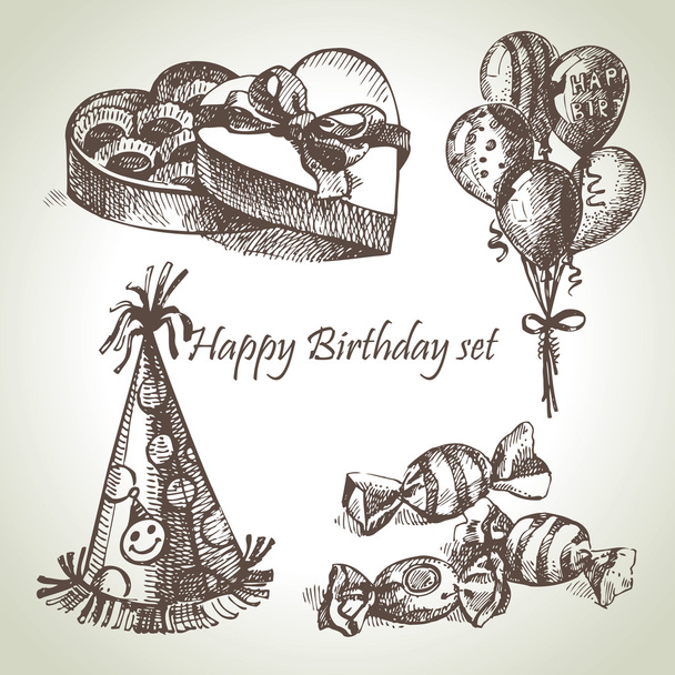 Feliz Aniversário conjunto, ilustrações desenhadas à mão
 - Vetor, Imagem