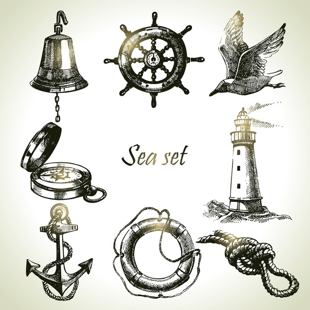 Sea set of nautical design elements. Hand drawn illustrations - Vector, Image