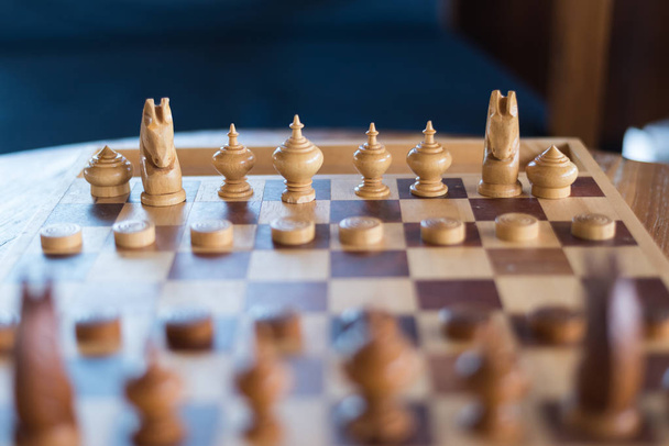 close up of wood chess on table - Φωτογραφία, εικόνα