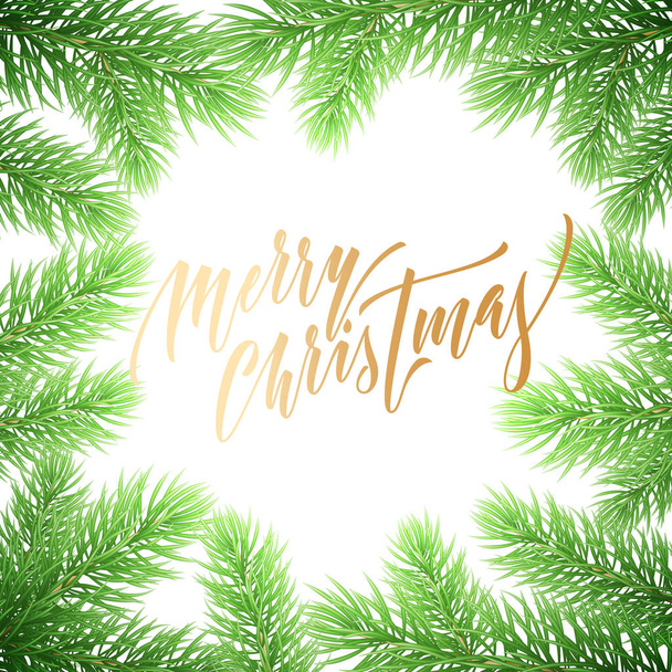 Merry Christmas trendy golden quote calligraphy font on white premium background for winter holiday design template. Vector Christmas tree for branch wreath decoration and golden New Year lettering - Wektor, obraz