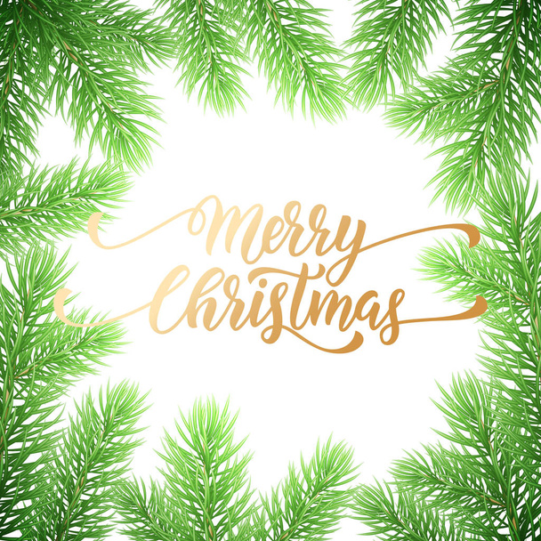Merry Christmas holiday golden, hand drawn quote calligraphy greeting card background template. Vector Christmas fir branches garland wreath decoration and golden text on white premium design - Вектор, зображення
